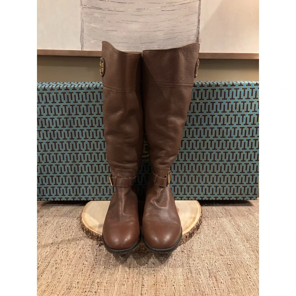 Tory Burch Adeline Almond Leather Gold Logo Buckle Knee High Riding Boots Sz-9.5